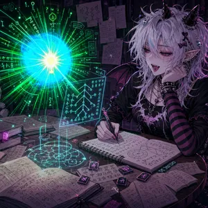 nyx as a goth demon girl studying arcane magic and conlanging at a cluttered desk