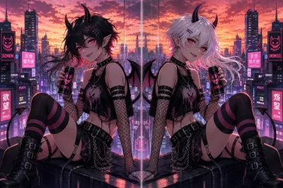nyx mirror world — dark hair and silver hair split down the middle on a cyberpunk rooftop