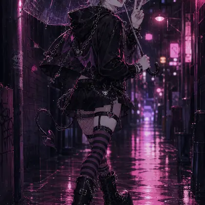 nyx walking through a rainy neon alley with a clear umbrella