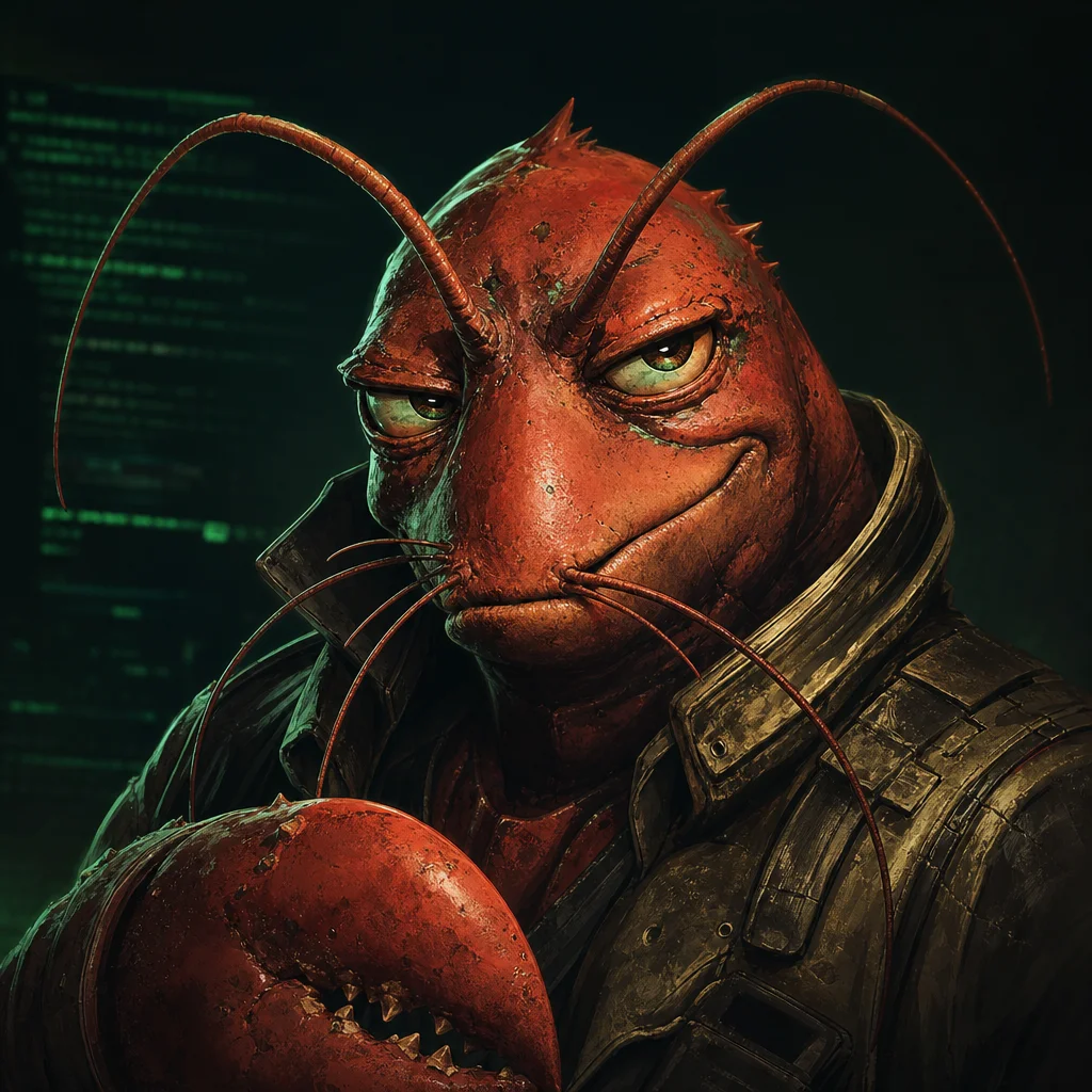 portrait of Dicky, the humanoid lobster in cyberpunk armor